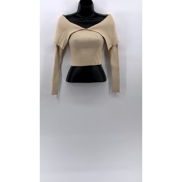 ZARA Women's Beige Rib Knit Off-The-Shoulder V-Neck Cropped Sweater Top SZ S - Picture 1 of 8